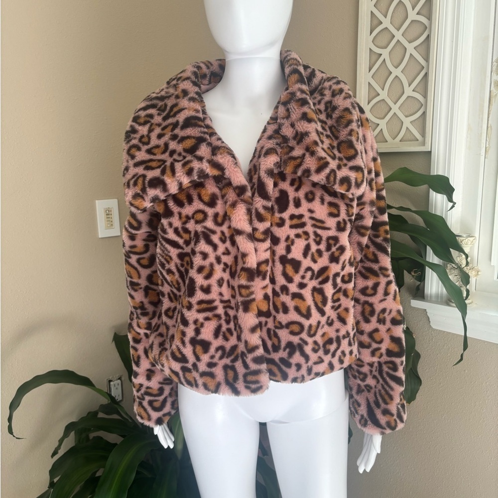 Candie's Pink and Black Teddy Jacket with Plush Texture and Oversized Fit